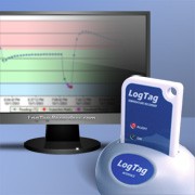 LogTag Datenlogger im LTI-Interface vor Bildschirm mit LogTag Analyzer Software